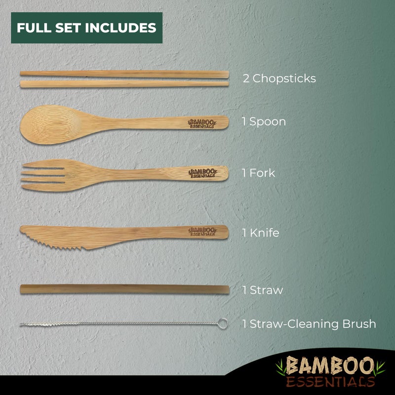 Bamboo Essentials Travel Utensils with Case Set Fork, Knife, Spoon, Chopsticks, Straw, Straw-cleaning brush, Travel Pouch and Carabiner, Excellent For Everyday Use! ((1Set) Midnight Black) - Image 2